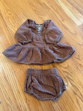 Quincy Mae Brown Check Muslin Dress & Bloomer Set